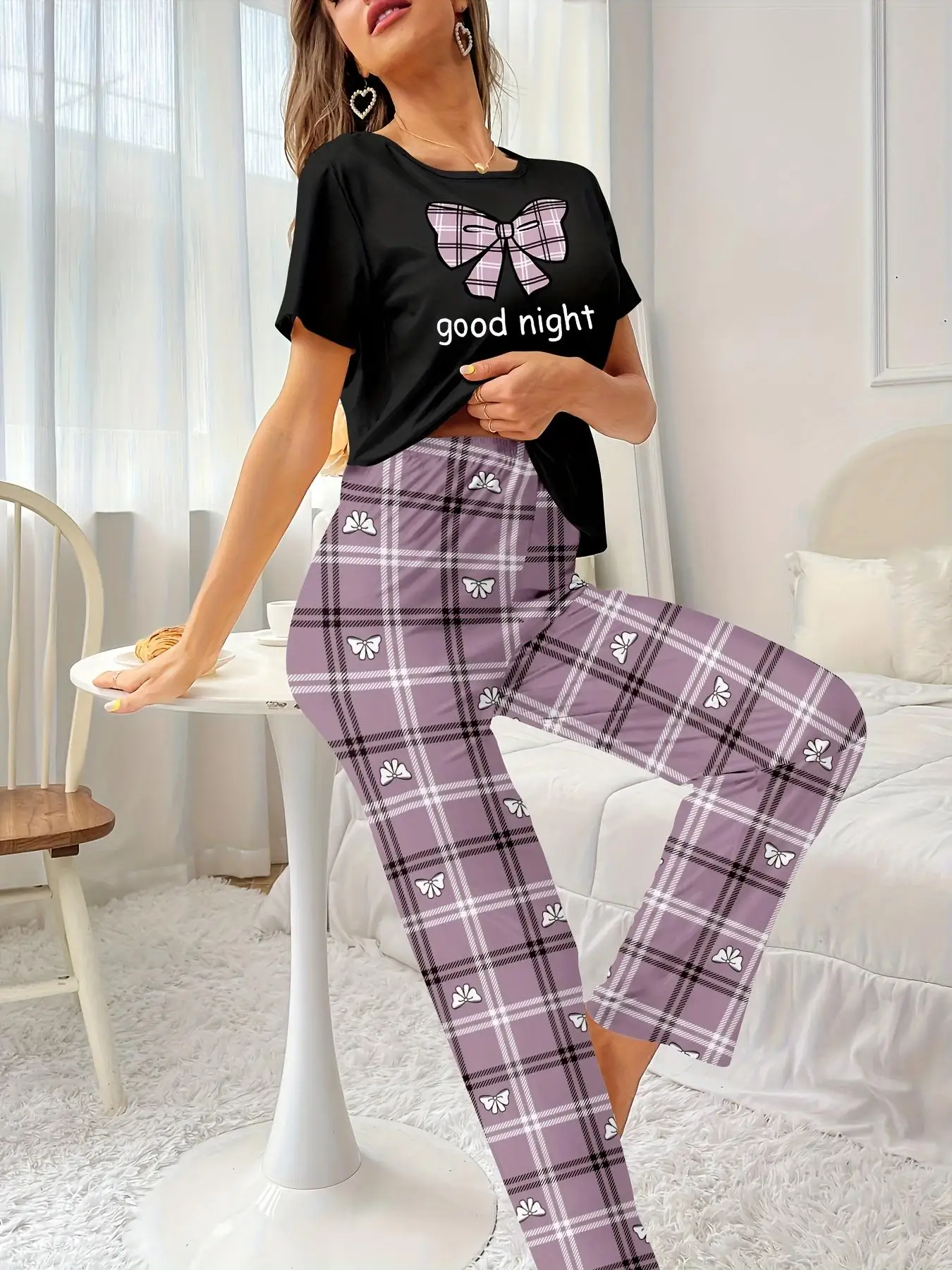 Ladies' Pajama Set, Short Sleeve, Long Pants, Bow Tie Check Print, Round Neck, Casual Style, Knitted Fabric Two-piece set
Ladies' Pajama Set, Short Sleeve, Long Pants, Bow Tie Check Print, Round Neck, Casual Style, Knitted Fabric Two-piece set