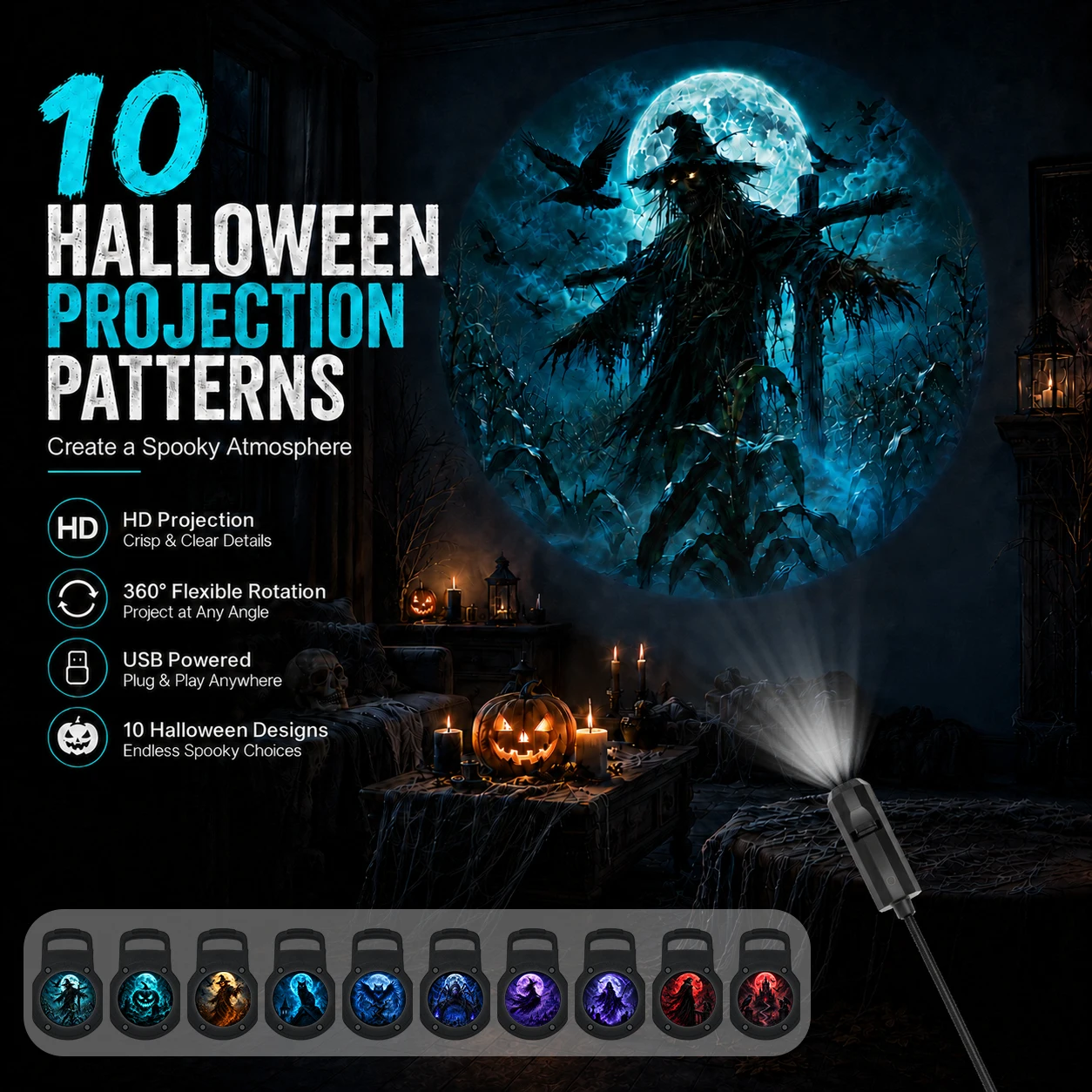 Halloween-themed 10-pattern projection ambient night light
Halloween-themed 10-pattern projection ambient night light