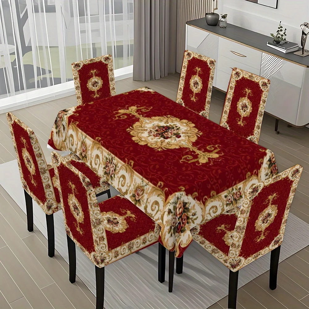 5pcs/ 7pcs Luxury Golden flower pattern tablecloth and chair cover set, 5pcs (1 tablecloth 4 chair covers), 7pcs (1 tablecloth 6 chair covers), non-slip tablecloth chair cover, suitable for family gatherings, festive table and chair decoration
5pcs/ 7pcs Luxury Golden flower pattern tablecloth and chair cover set, 5pcs (1 tablecloth 4 chair covers), 7pcs (1 tablecloth 6 chair covers), non-slip tablecloth chair cover, suitable for family gatherings, festive table and chair decoration