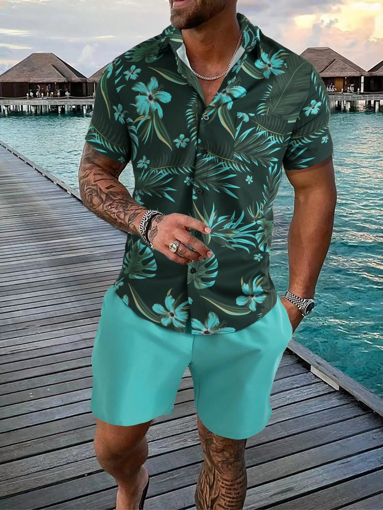 Men Tropical Print Hawaiian Shirt And Shorts Set Casual Vacation Outfit
Men Tropical Print Hawaiian Shirt And Shorts Set Casual Vacation Outfit
