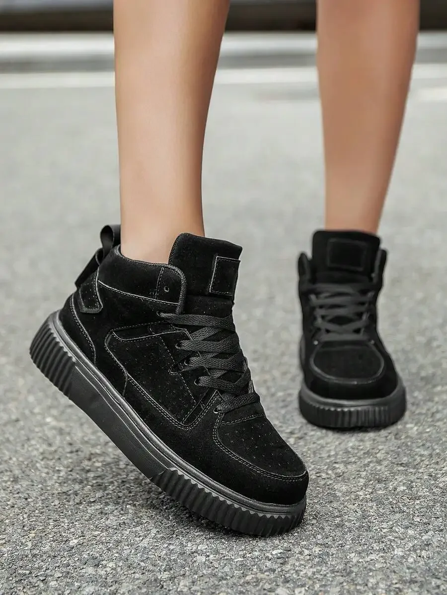 Womens Black Suede High Top Lace-Up Sneakers With Chunky Sole
Womens Black Suede High Top Lace-Up Sneakers With Chunky Sole