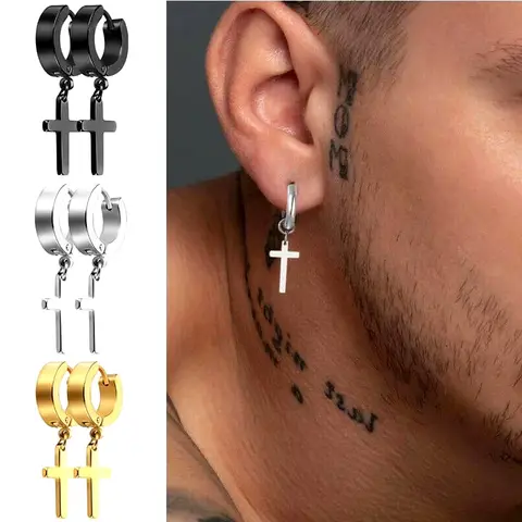 Unisex Hip Hop Cross Charm Hoop Earrings Stainless Steel Anti-fade Punk Drop Ear Rings For Male Female Daily Street Ear Accessories
