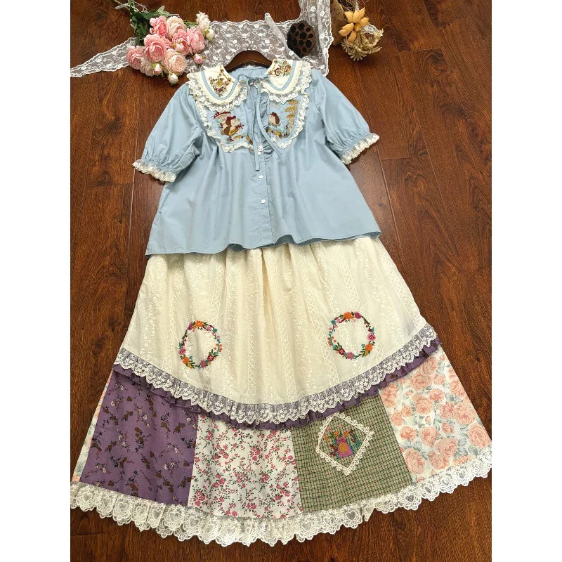 Mori Style Sweet Cartoon Embroidered Girl Collar Shirt Mid-Length Cotton Linen Patchwork Skirt Summer
Mori Style Sweet Cartoon Embroidered Girl Collar Shirt Mid-Length Cotton Linen Patchwork Skirt Summer