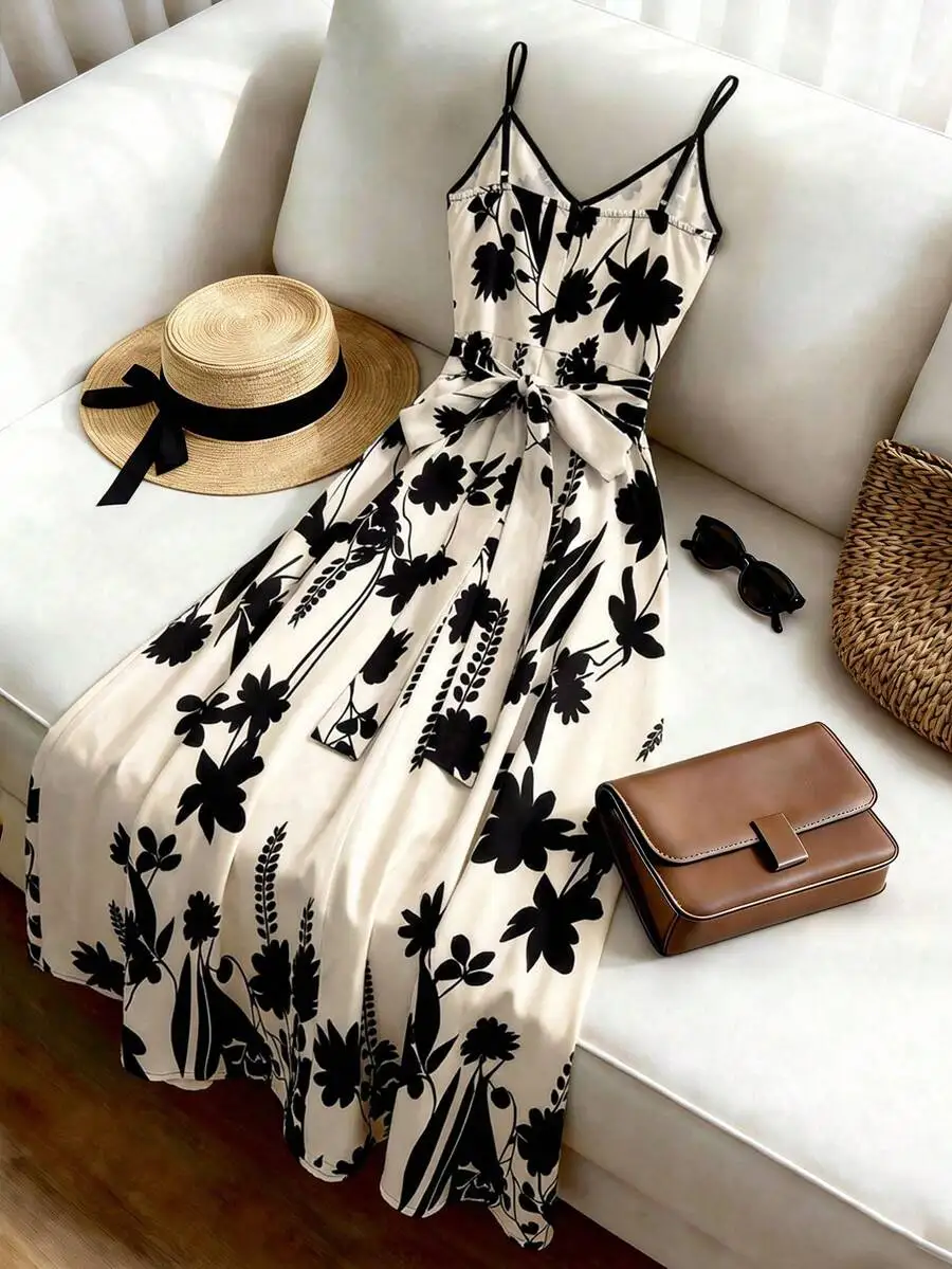Beige Floral Print V-Neck Strappy Sleeveless A-Line Dress With Waist Belt
Beige Floral Print V-Neck Strappy Sleeveless A-Line Dress With Waist Belt