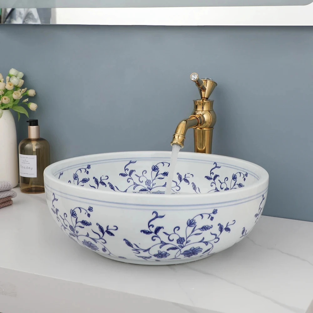 Chinese blue and white porcelain style washbasin, sink faucet combination bathroom ceramic circular washbasin GN352TR
Chinese blue and white porcelain style washbasin, sink faucet combination bathroom ceramic circular washbasin GN352TR