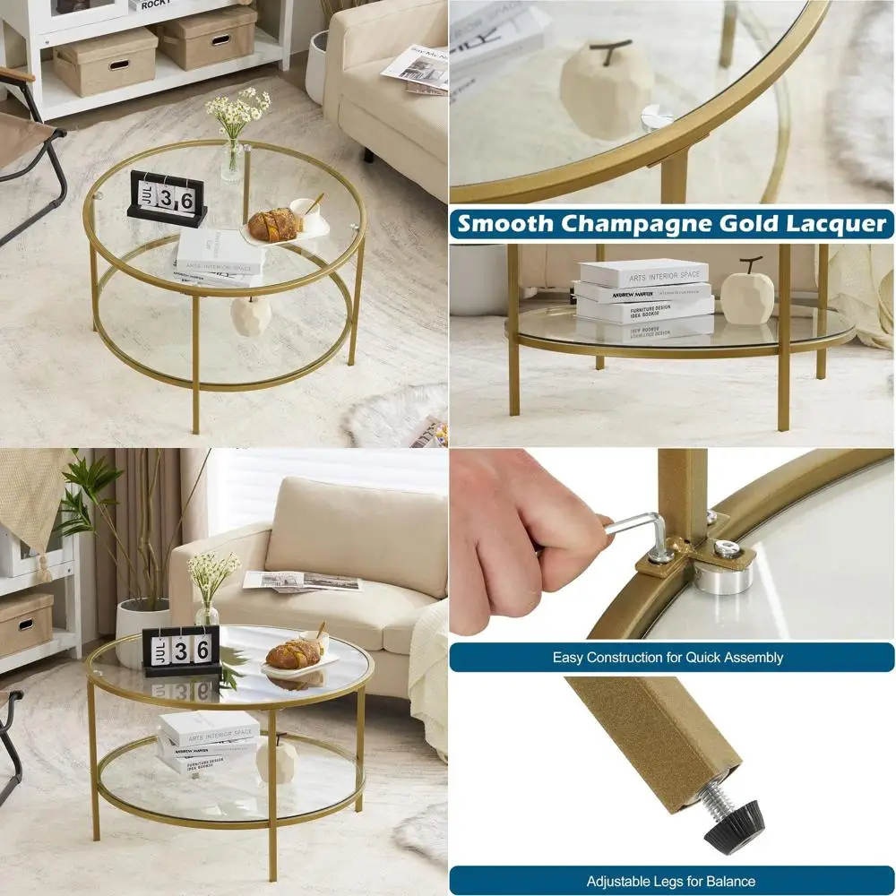 Round Champagne Gold 2-Tier Glass Coffee Table with Storage for Living Room, Clear Simple Center Table
Round Champagne Gold 2-Tier Glass Coffee Table with Storage for Living Room, Clear Simple Center Table