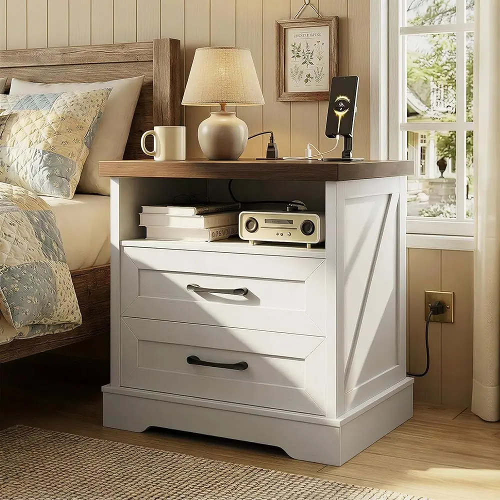 24 Inch Nightstand with Charging Station, Wooden Table with 2 Drawers and Open Shelf, Rustic End Table with Outlet & USB, White
24 Inch Nightstand with Charging Station, Wooden Table with 2 Drawers and Open Shelf, Rustic End Table with Outlet & USB, White