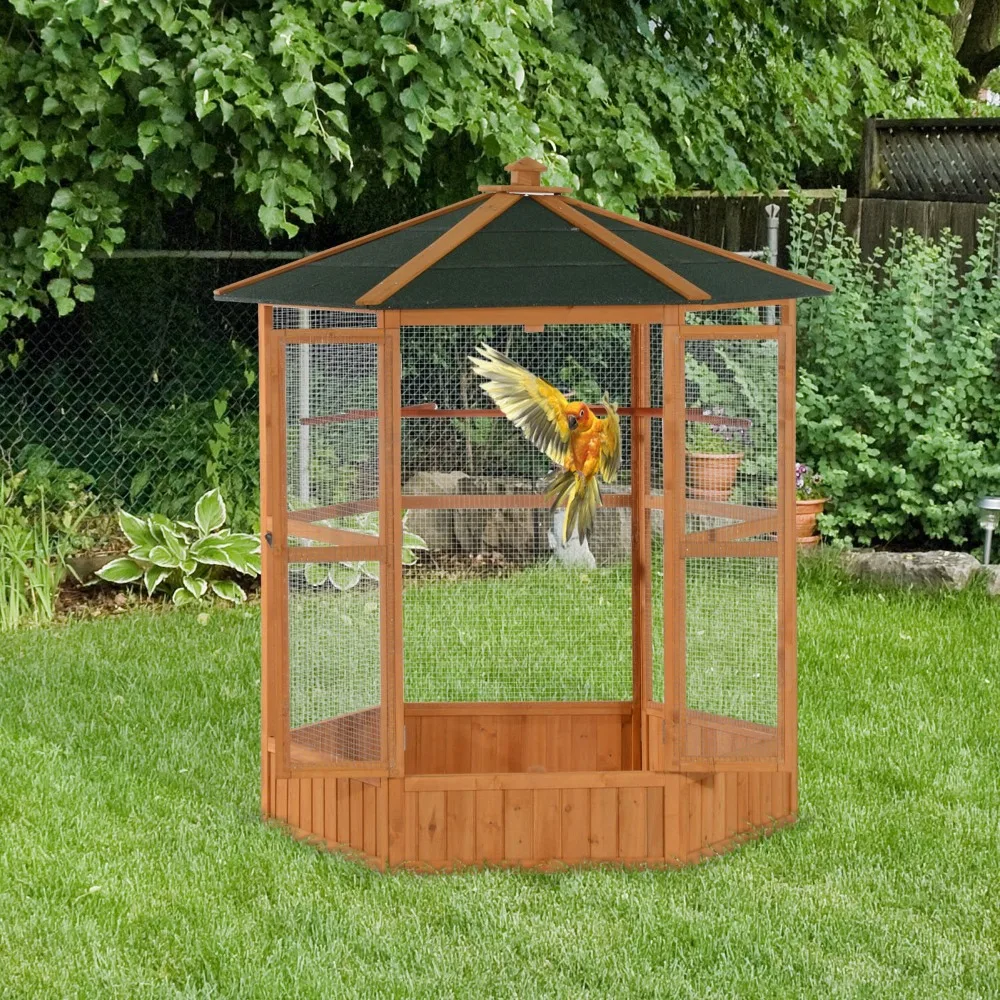 69" Large Wooden Hexagonal Outdoor Aviary Flight Bird Cage with Covered Roof, Brown
69" Large Wooden Hexagonal Outdoor Aviary Flight Bird Cage with Covered Roof, Brown