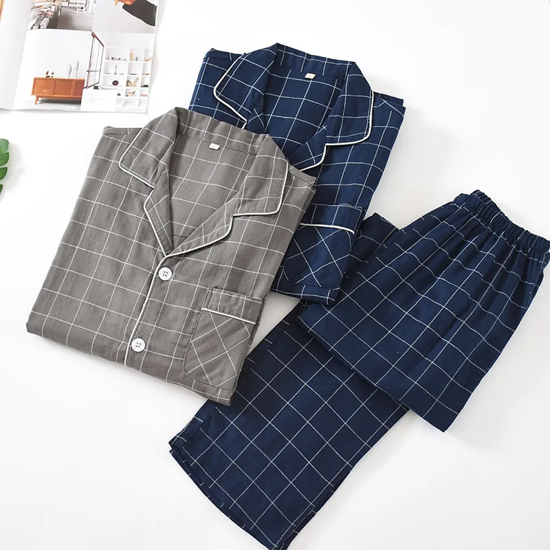 Korean Style Men's Pajama Set - Plaid Gauze Cotton Loungewear Long Sleeve Minimalist Sleepwear for Indoor & Outdoor
Korean Style Men's Pajama Set - Plaid Gauze Cotton Loungewear Long Sleeve Minimalist Sleepwear for Indoor & Outdoor