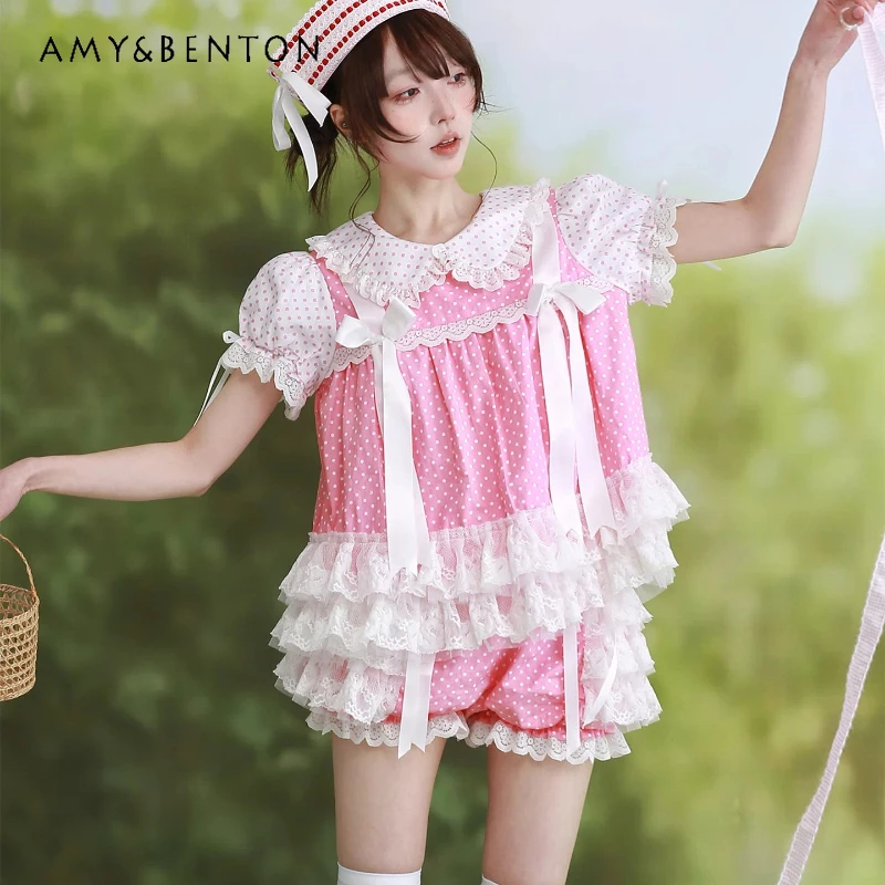 Japanese Sweet Pink Polka Dot Lace Splicing Women's Shirt Original 2026 New Design Cute Lolita Y2k Fluffy Shorts Sets Ladies
Japanese Sweet Pink Polka Dot Lace Splicing Women's Shirt Original 2026 New Design Cute Lolita Y2k Fluffy Shorts Sets Ladies