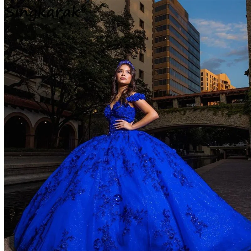 Royal Blue Flowers Quinceanera Dresses Off Shoulder Lace Appliques Beads Crystal Sweet 16 Dress Vestidos De 15 Años Corset
Royal Blue Flowers Quinceanera Dresses Off Shoulder Lace Appliques Beads Crystal Sweet 16 Dress Vestidos De 15 Años Corset