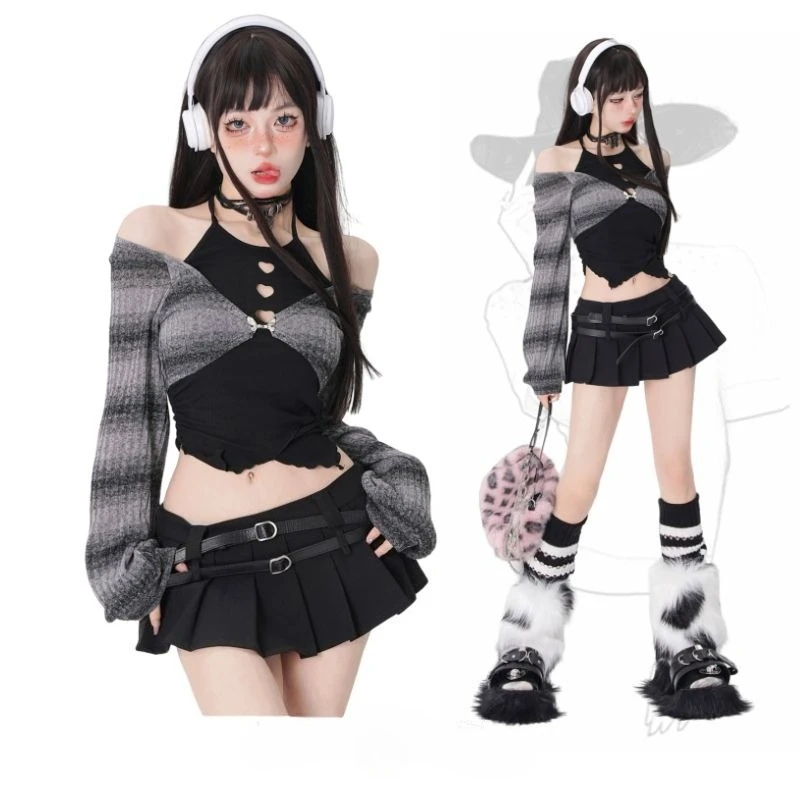 Fake Two Off Shoulder Long Sleeves Women Y2k Crop Tops Korean Black Gray Stripes Vintage Elegant Streetwear Aesthetic T-shirt
Fake Two Off Shoulder Long Sleeves Women Y2k Crop Tops Korean Black Gray Stripes Vintage Elegant Streetwear Aesthetic T-shirt