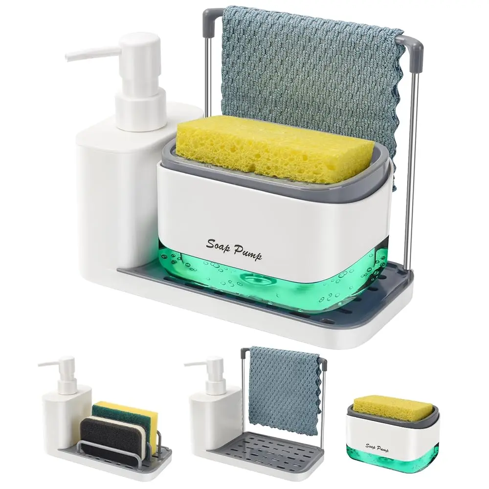 Hand and Dish Soap Dispenser Set with Tray, Dual Soap Dispenser with Sponge Holder and Dishcloth Holder 5-in-1 Organizer for
Hand and Dish Soap Dispenser Set with Tray, Dual Soap Dispenser with Sponge Holder and Dishcloth Holder 5-in-1 Organizer for