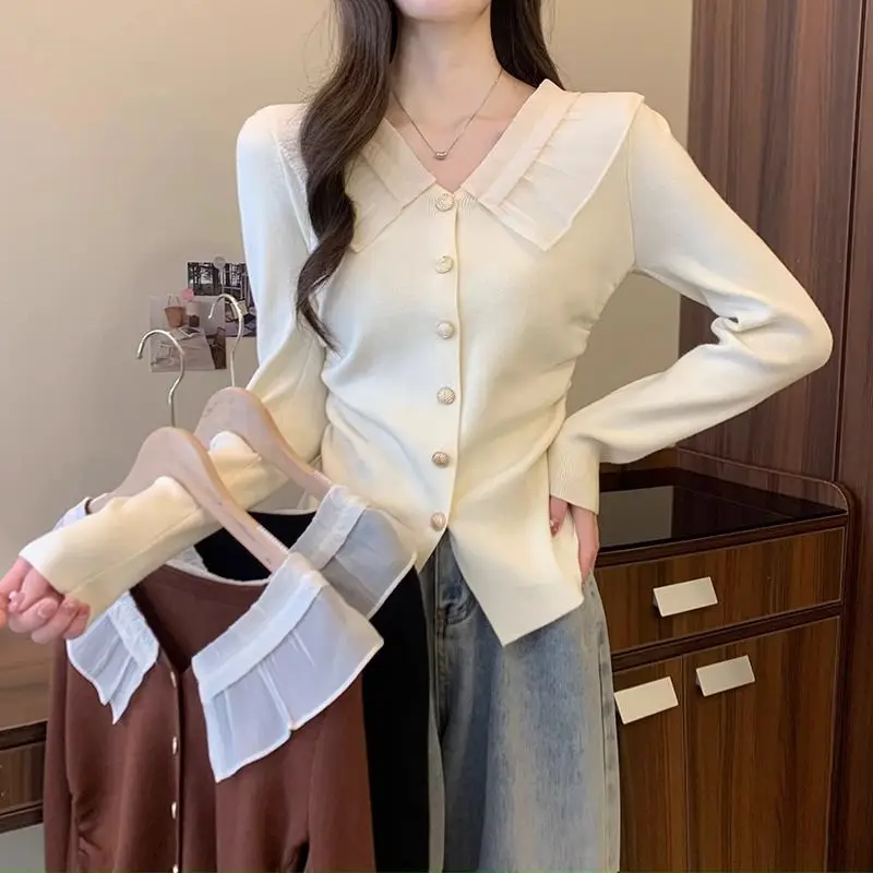 Baby Collar Cardigan, Lace Knit Sweater, Women's Long Sleeved, Autumn and Winter New Fashion, All Match Outerwear Trend Top
Baby Collar Cardigan, Lace Knit Sweater, Women's Long Sleeved, Autumn and Winter New Fashion, All Match Outerwear Trend Top