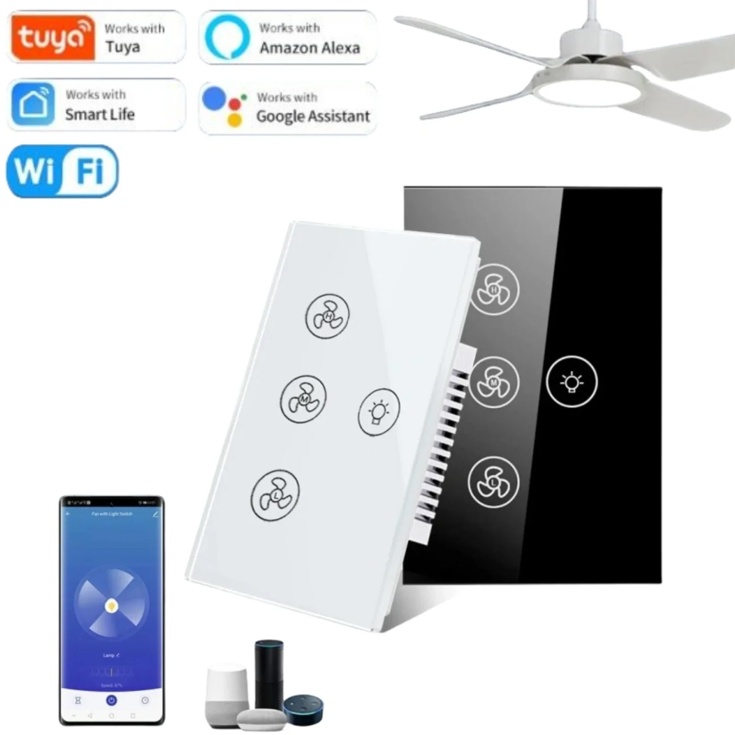 WiFi Smart Fan Light Switch Touch Panel Switch App Control Voice Work With Alexa Speed Regulation
WiFi Smart Fan Light Switch Touch Panel Switch App Control Voice Work With Alexa Speed Regulation