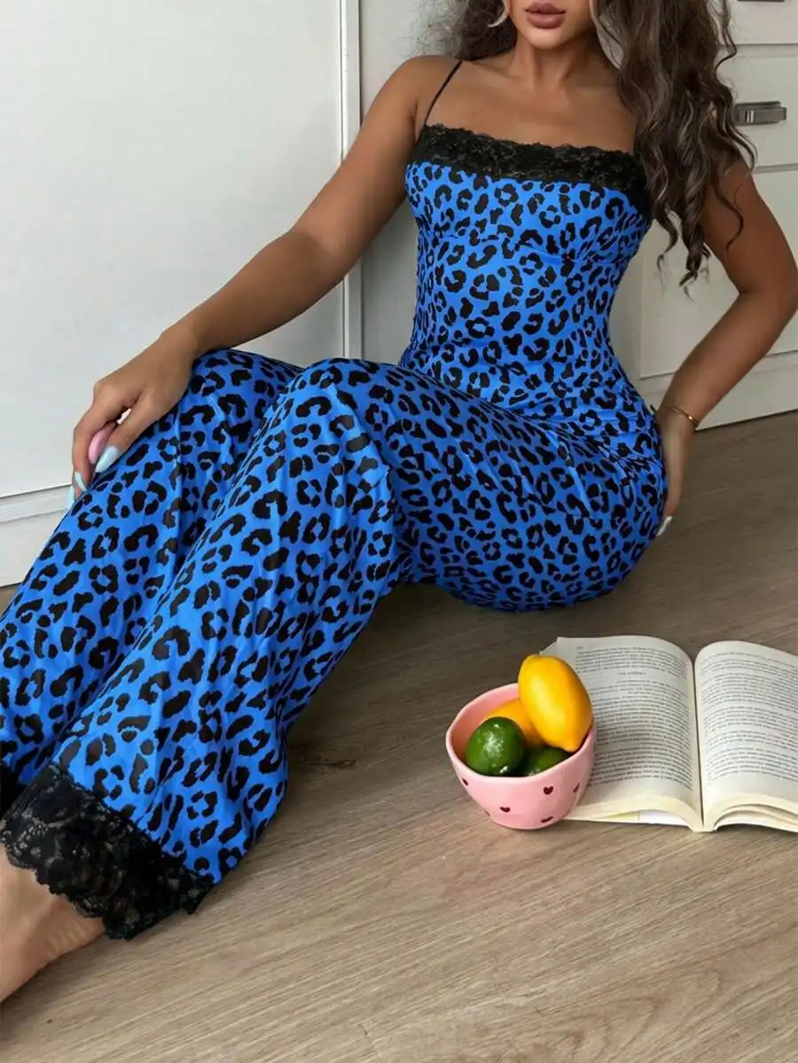 Vibrant Blue Leopard Print Women’s Two-Piece Sleepwear Set With Black Lace Trim
Vibrant Blue Leopard Print Women’s Two-Piece Sleepwear Set With Black Lace Trim