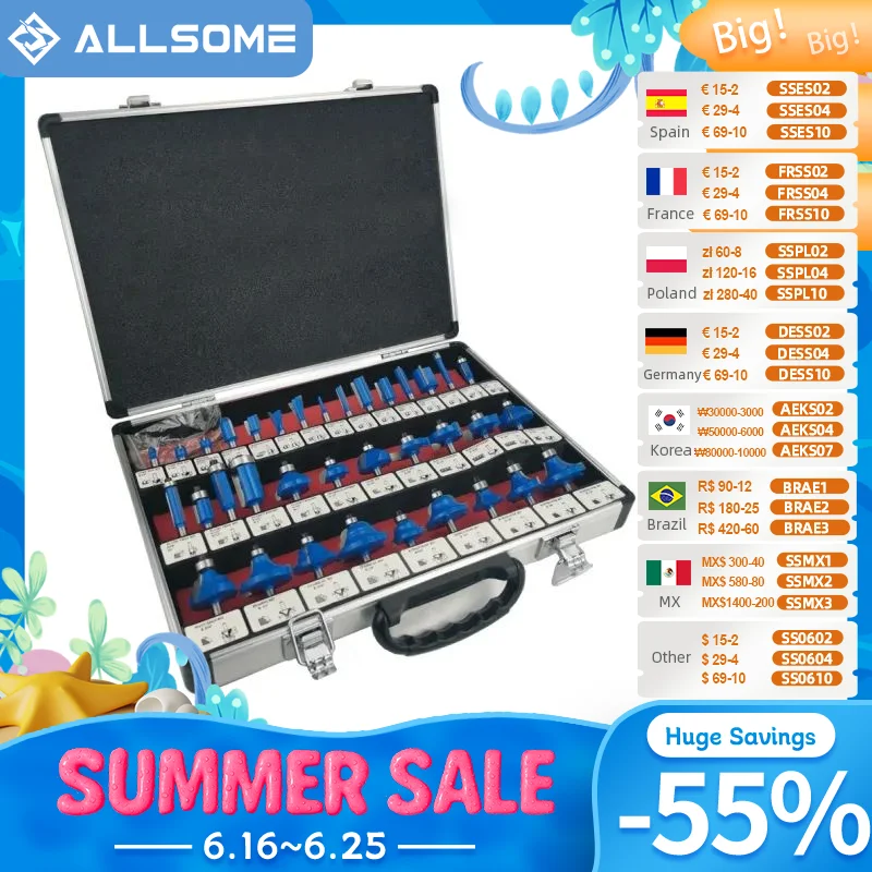 ALLSOME 35pcs 1/4inch Shank Router Bit Set Tungsten Carbide Tip Router Wood Cutter Tool Set Milling Cutters for Woodworking
ALLSOME 35pcs 1/4inch Shank Router Bit Set Tungsten Carbide Tip Router Wood Cutter Tool Set Milling Cutters for Woodworking