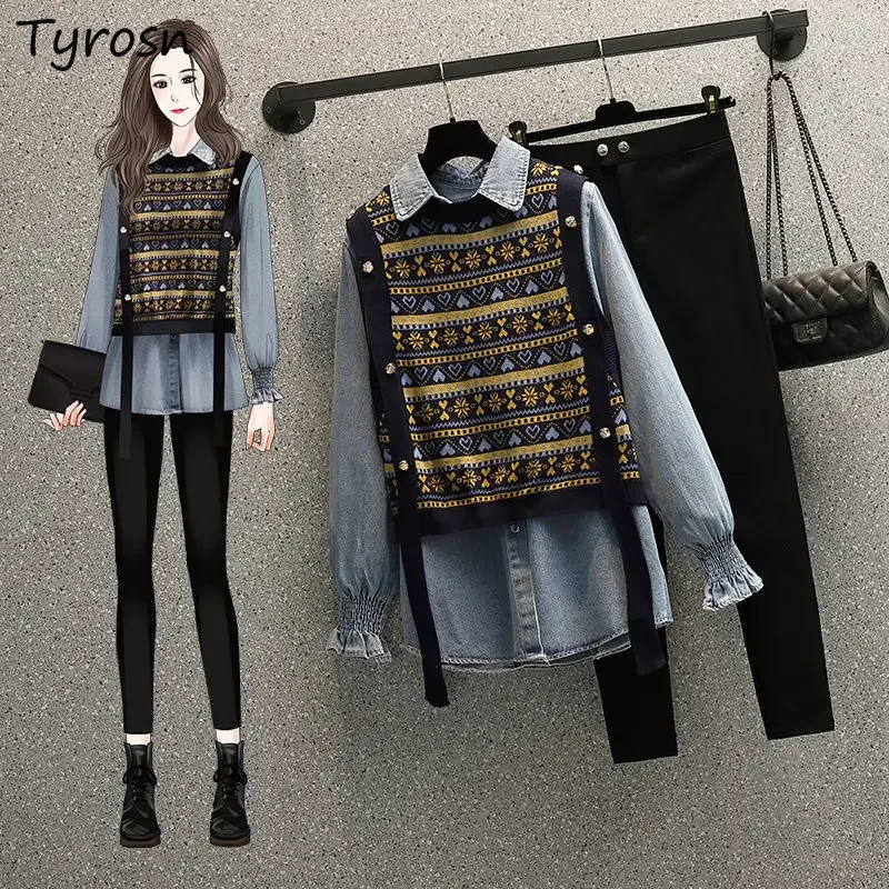 M-4XL Women Sets Retro Floral Sweaters Vest Elegant Single Breasted Long Sleeve Denim Shirts Pencil Pant Mujer 3 Piece Outfits
M-4XL Women Sets Retro Floral Sweaters Vest Elegant Single Breasted Long Sleeve Denim Shirts Pencil Pant Mujer 3 Piece Outfits