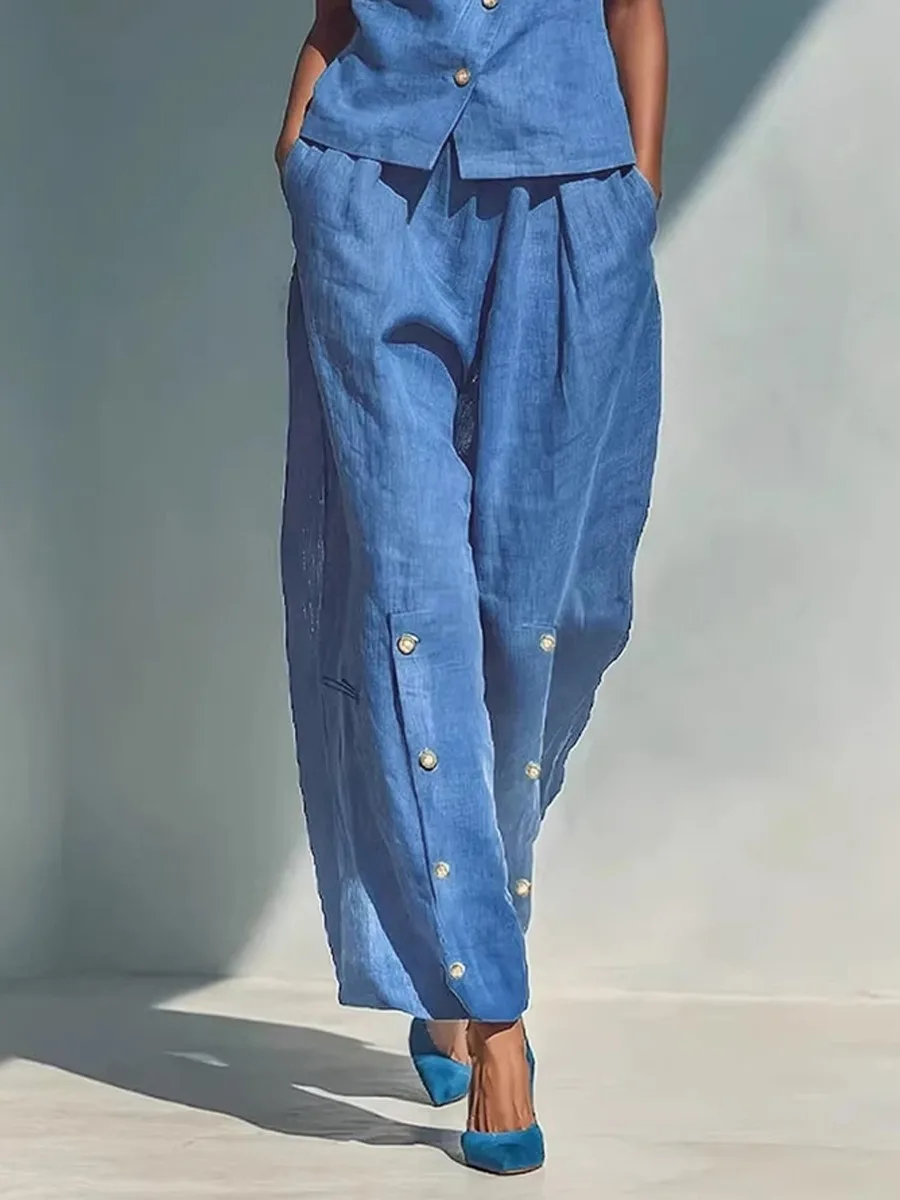 Freeacy 2026 Summer Women's Casual Blue Pants High Waist Pleated Wide Leg Trousers With Side Buttons Daily Wear Bottoms
Freeacy 2026 Summer Women's Casual Blue Pants High Waist Pleated Wide Leg Trousers With Side Buttons Daily Wear Bottoms