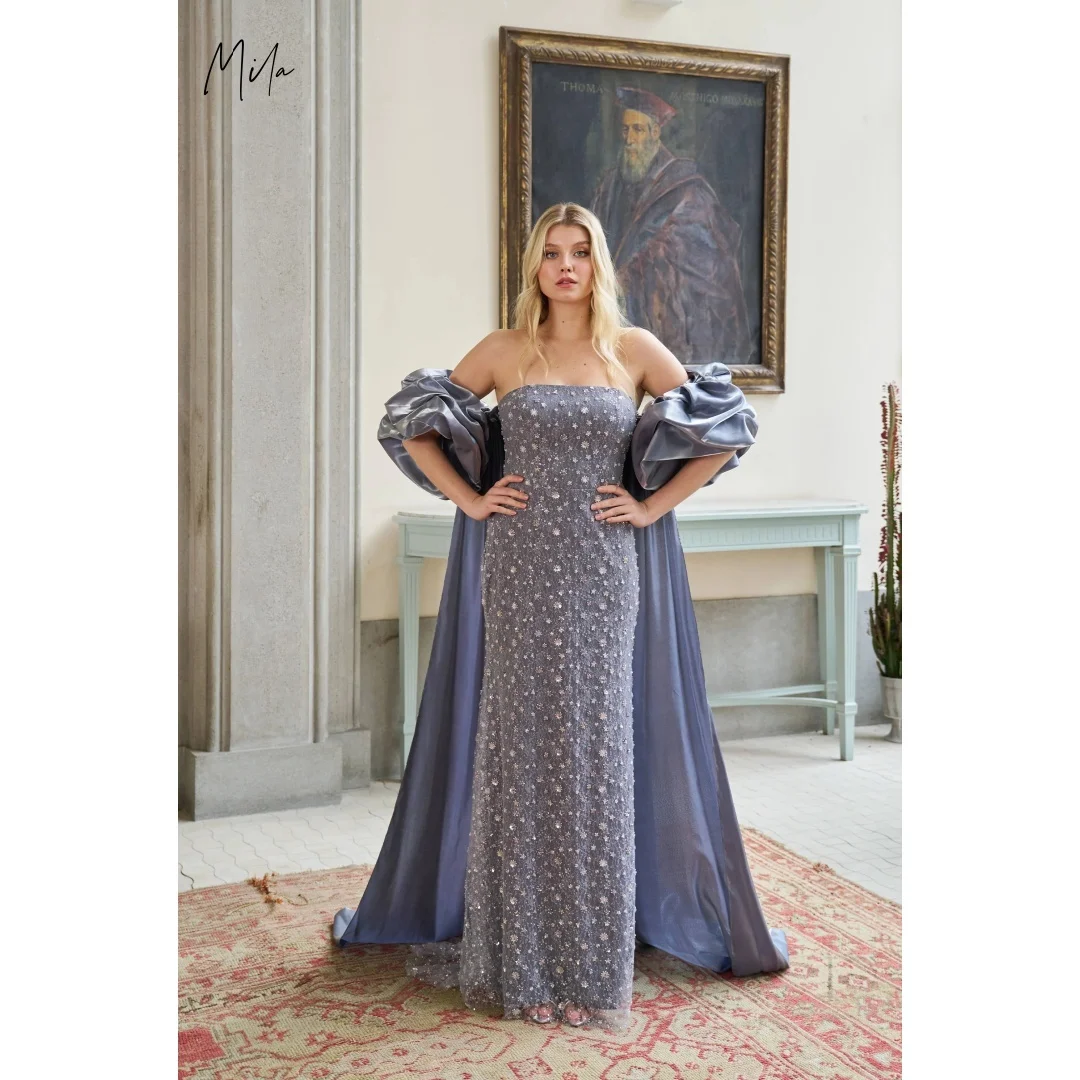 Mila Dusty Purple Strapless Puffy Sleeve Cape Beaded Customized Formal Evening Fitted Floor-Length Gown vestidos de gala 2025
Mila Dusty Purple Strapless Puffy Sleeve Cape Beaded Customized Formal Evening Fitted Floor-Length Gown vestidos de gala 2025