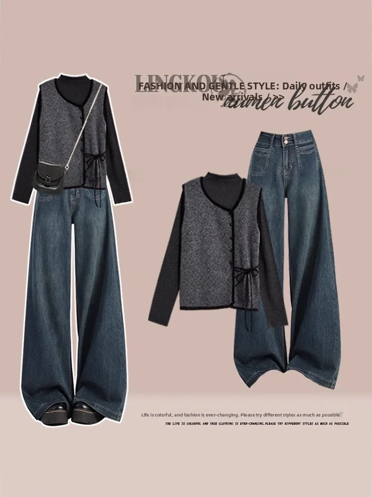 Stunning Large Size Autumn Set Women's Youthful Vest Base Shirt with Retro Denim Pants Three Piece Set Fashionable Slim Fit
Stunning Large Size Autumn Set Women's Youthful Vest Base Shirt with Retro Denim Pants Three Piece Set Fashionable Slim Fit