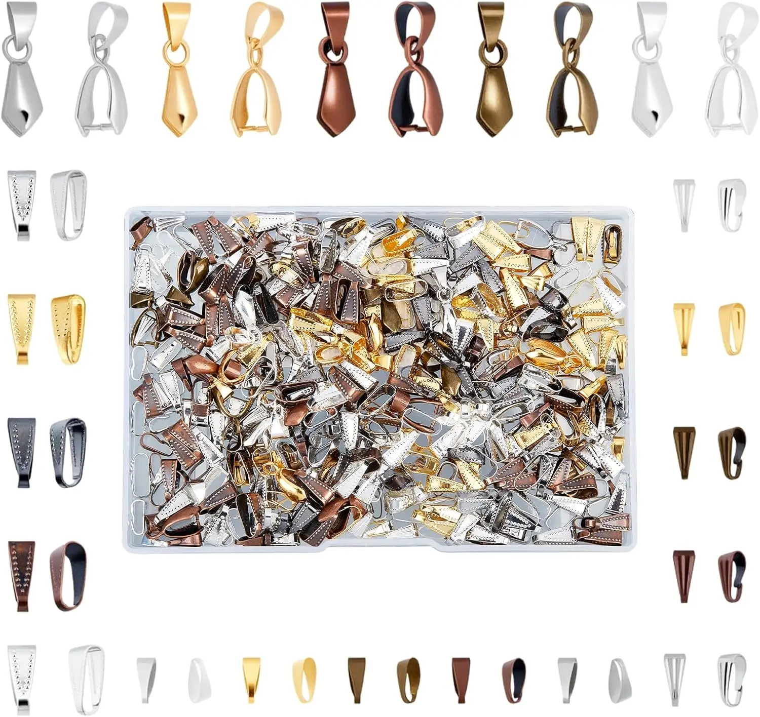 500Pcs Brass Snap on Bails Set with Pinch Bails for Jewelry Making
500Pcs Brass Snap on Bails Set with Pinch Bails for Jewelry Making