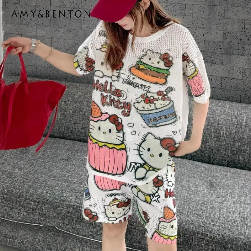 New Beads Diamond Drills Korean Style Cartoon Cool Streetwear Crew Neck Short Sleeved T-Shirt Shorts Two-piece Outfits For Women
New Beads Diamond Drills Korean Style Cartoon Cool Streetwear Crew Neck Short Sleeved T-Shirt Shorts Two-piece Outfits For Women