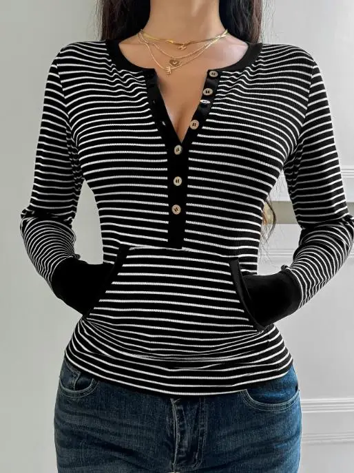 2025 Autumn and Winter Leisure Vacation Striped Button Long Sleeved T-Shirt for Women
2025 Autumn and Winter Leisure Vacation Striped Button Long Sleeved T-Shirt for Women
