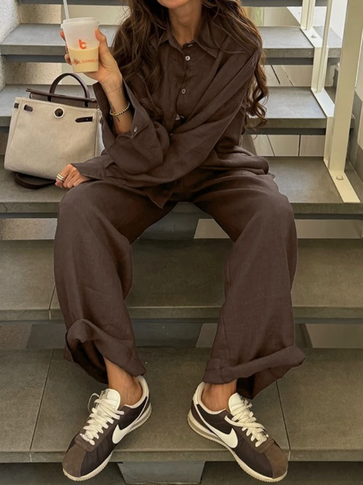 Women Cotton Casual Cozy Lapel Shirt Pants Suits Fashion Single Breasted Blouses Pant Set Spring Summer Loose Outfits
Women Cotton Casual Cozy Lapel Shirt Pants Suits Fashion Single Breasted Blouses Pant Set Spring Summer Loose Outfits