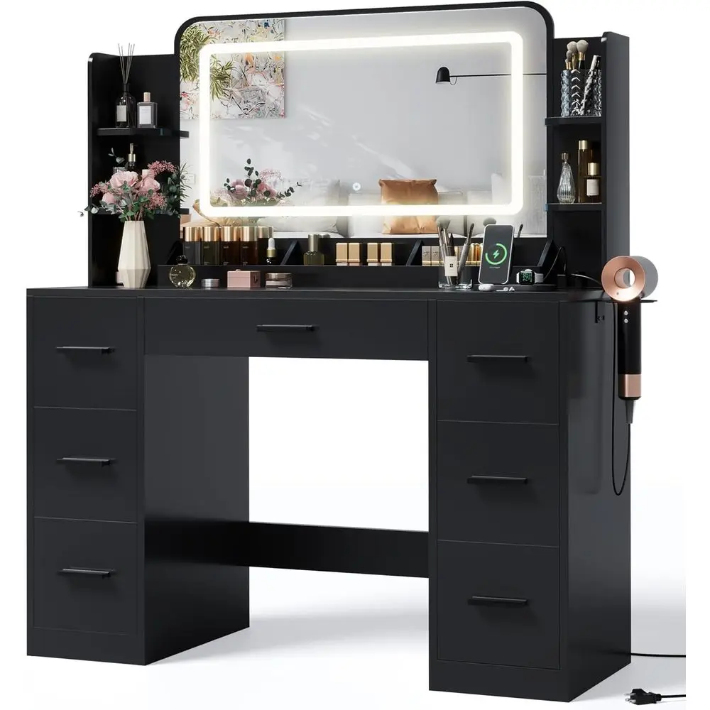 Makeup Vanity Desk with Large Mirror, LED Lights, Power Strip, Hairdryer Holder, 6 Shelves, 7 Drawers - Black
Makeup Vanity Desk with Large Mirror, LED Lights, Power Strip, Hairdryer Holder, 6 Shelves, 7 Drawers - Black