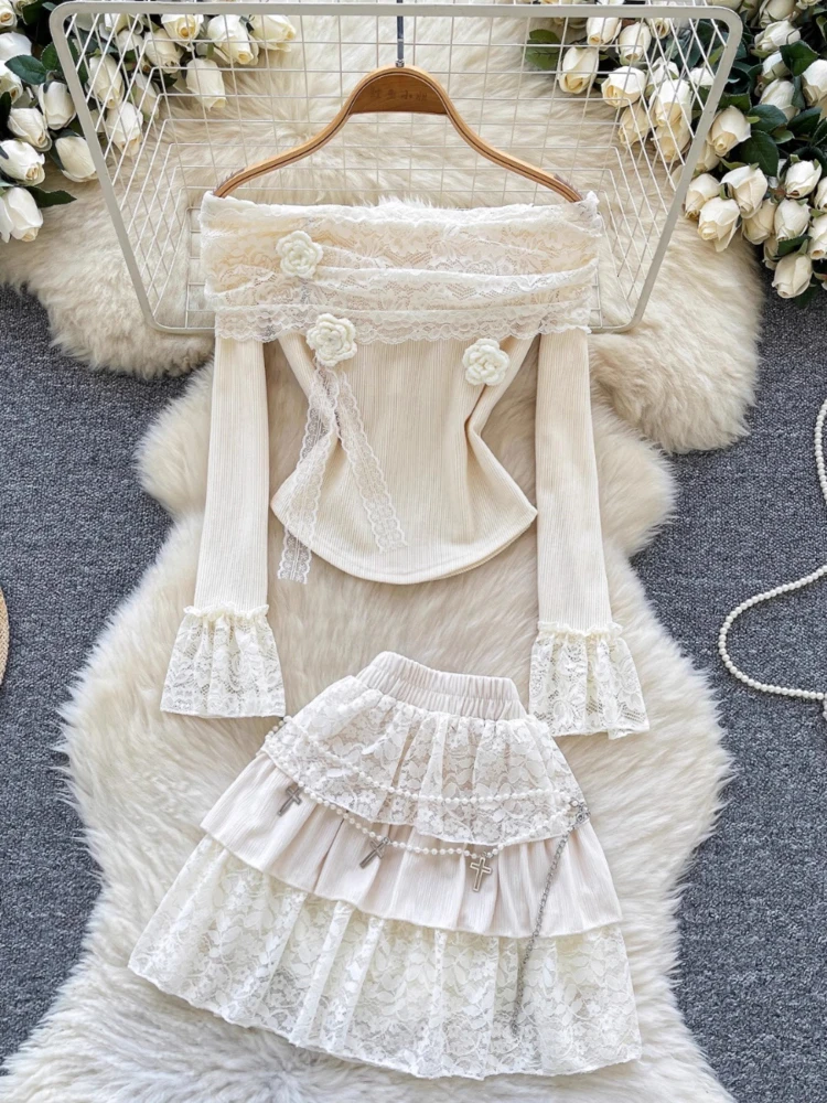 Y2k Design Knit Matching Sets Slash Neck Three Dimensional Flowers Tops High Waist Mini Skirts Lace Patchwork Women's Clothing
Y2k Design Knit Matching Sets Slash Neck Three Dimensional Flowers Tops High Waist Mini Skirts Lace Patchwork Women's Clothing