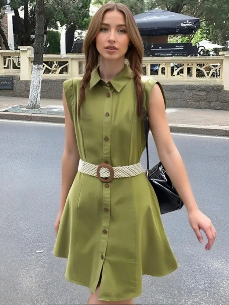 Shirt Short Dresses Women Fashion Simple Sleeveless Linen Sleeveless Belted Mini Dresses 2025 New Summer Single Breasted Dress 
Shirt Short Dresses Women Fashion Simple Sleeveless Linen Sleeveless Belted Mini Dresses 2025 New Summer Single Breasted Dress
