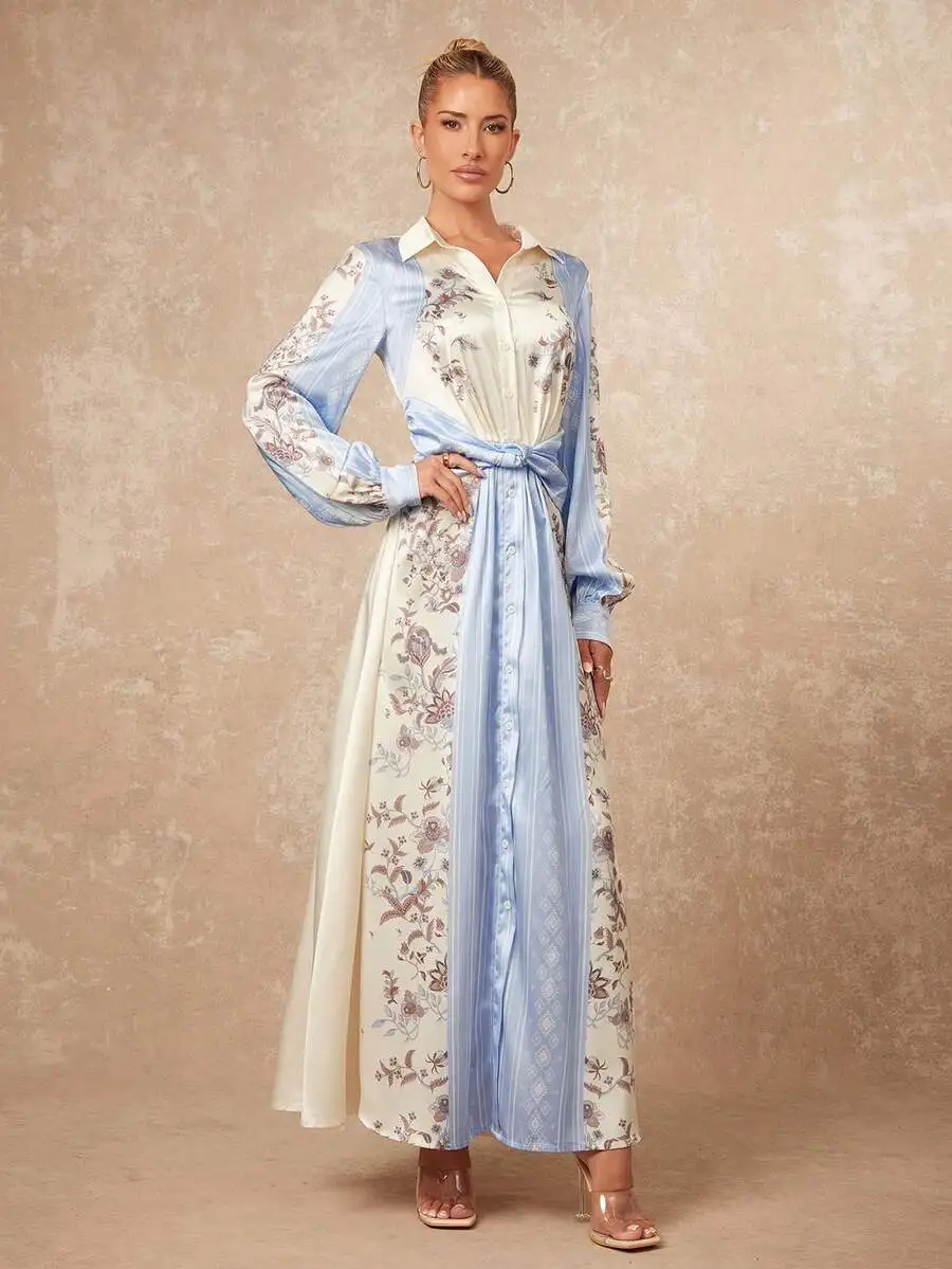 Elegant Satin Jacquard Floral A-Line Maxi Dress With Shirt Collar And Button Front For Women
Elegant Satin Jacquard Floral A-Line Maxi Dress With Shirt Collar And Button Front For Women