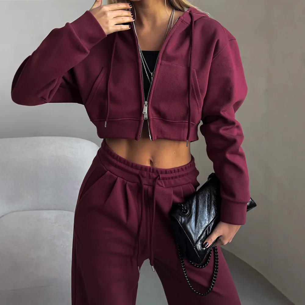 New Casual Two-Piece Set Women's Solid Color Short Waist-Baring Hooded Open Cardigan with Belted Sports Pants Comfortable
New Casual Two-Piece Set Women's Solid Color Short Waist-Baring Hooded Open Cardigan with Belted Sports Pants Comfortable