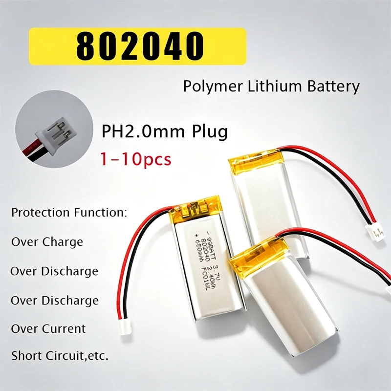802040 Battery 650mAh 3.7V Li-Polymer Rechargeable Lithium Batterie for Beauty Instrument Translator Smart Lock Toy Massager GPS
802040 Battery 650mAh 3.7V Li-Polymer Rechargeable Lithium Batterie for Beauty Instrument Translator Smart Lock Toy Massager GPS