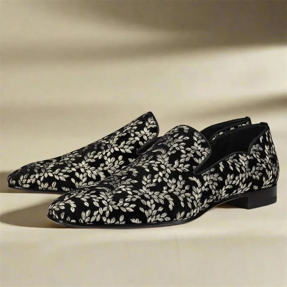 Men's Black Floral Slip-On Loafers, Closed Square Toe, Low Block Heel, White Leaf Motif Fabric Upper Classic Formal Casual Wear
Men's Black Floral Slip-On Loafers, Closed Square Toe, Low Block Heel, White Leaf Motif Fabric Upper Classic Formal Casual Wear