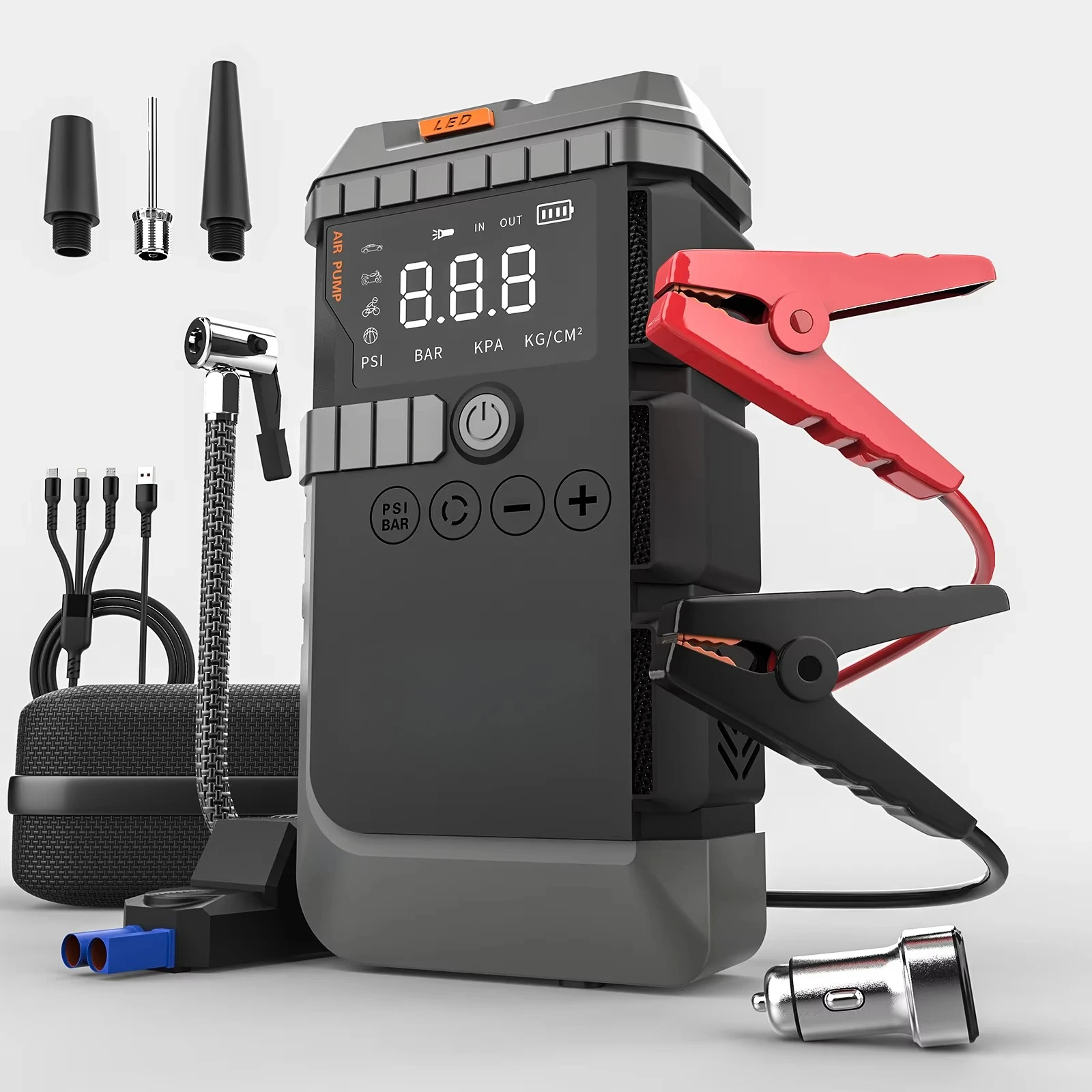 Portable 6-in-1 12V 600A Jump Starter Air Pump Power Bank High Power Inflator Emergency Car Kit 6400mAh for Truck
Portable 6-in-1 12V 600A Jump Starter Air Pump Power Bank High Power Inflator Emergency Car Kit 6400mAh for Truck