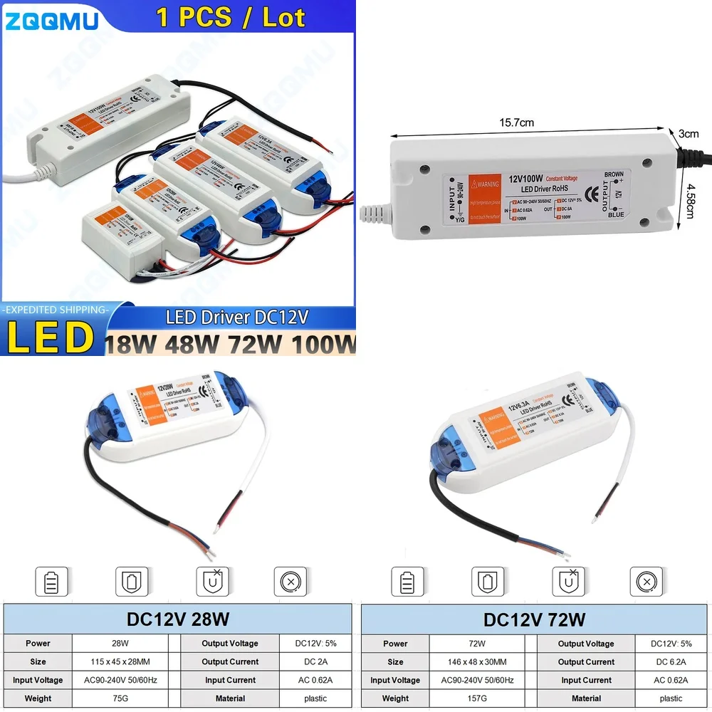 18W 28W 48W 72W 100W LED Driver Constant Current Wide Voltage 90 240V AC DC 12V Power Supply Adapter with Overload Protection
18W 28W 48W 72W 100W LED Driver Constant Current Wide Voltage 90 240V AC DC 12V Power Supply Adapter with Overload Protection