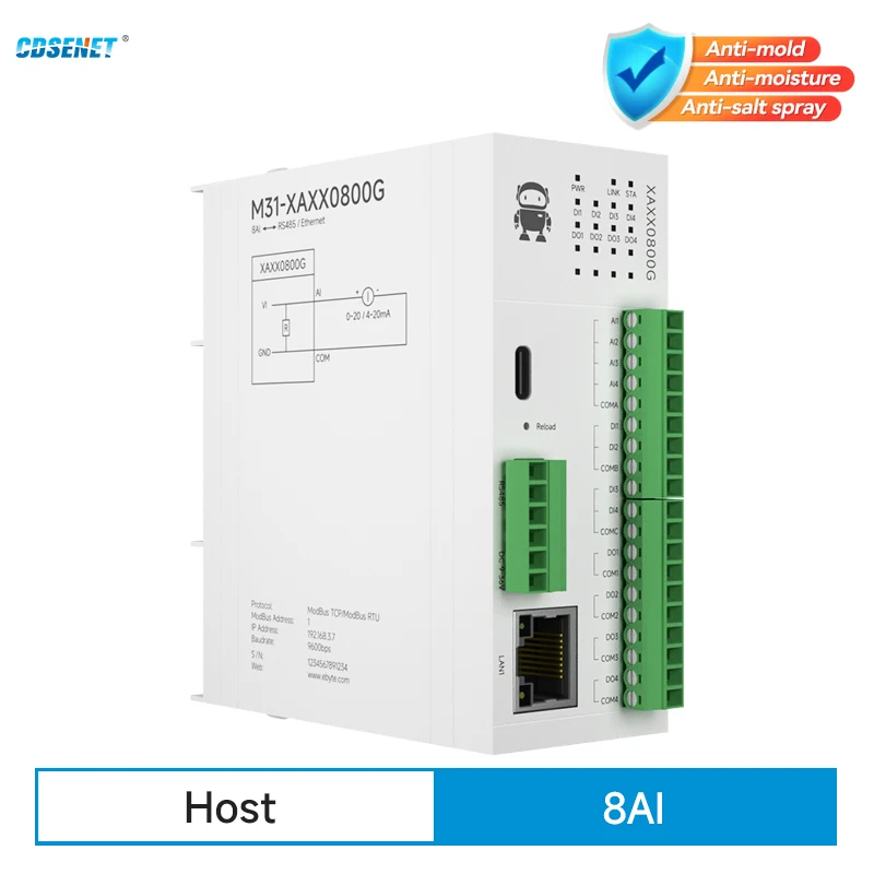 RJ45 8AI RS485 Analog Switch Acquisition Distributed Remote IO Module DC8~28V CDSENT M31-XAXX0800G Host Module Fast Expansion
RJ45 8AI RS485 Analog Switch Acquisition Distributed Remote IO Module DC8~28V CDSENT M31-XAXX0800G Host Module Fast Expansion