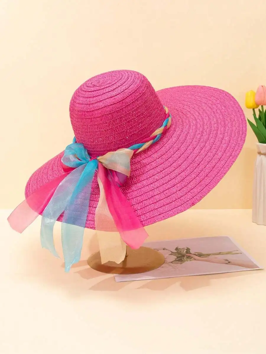 Womens Pink Wide Brim Sun Hat With Rainbow Bow Straw Beach Hat
Womens Pink Wide Brim Sun Hat With Rainbow Bow Straw Beach Hat