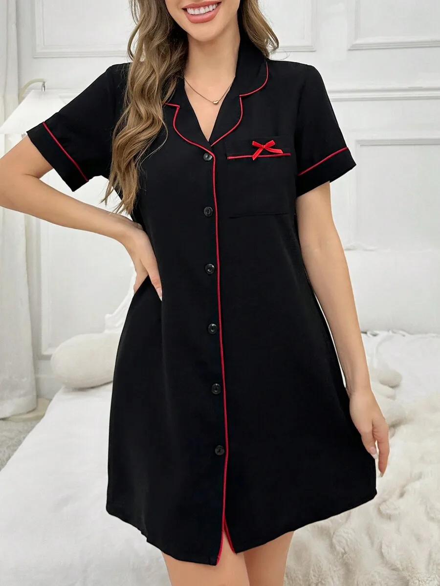 Black Contrast Trimmed Bow Pocket Turn Down Collar Button Front Sleep Dress
Black Contrast Trimmed Bow Pocket Turn Down Collar Button Front Sleep Dress