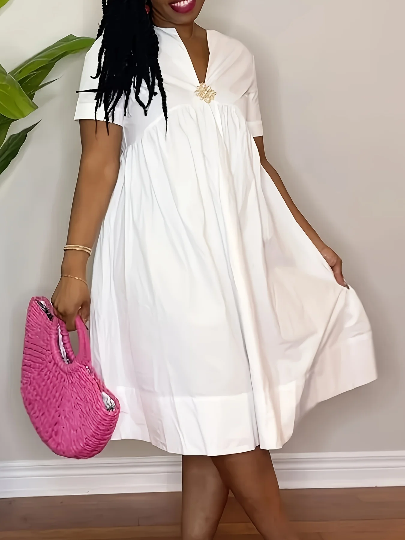 Casual V-neck Short-Sleeved Shirt Dress Cinched Waist Loose A-Line Vacation Dress Women's Fashion Comfortable Maxi Dress
Casual V-neck Short-Sleeved Shirt Dress Cinched Waist Loose A-Line Vacation Dress Women's Fashion Comfortable Maxi Dress