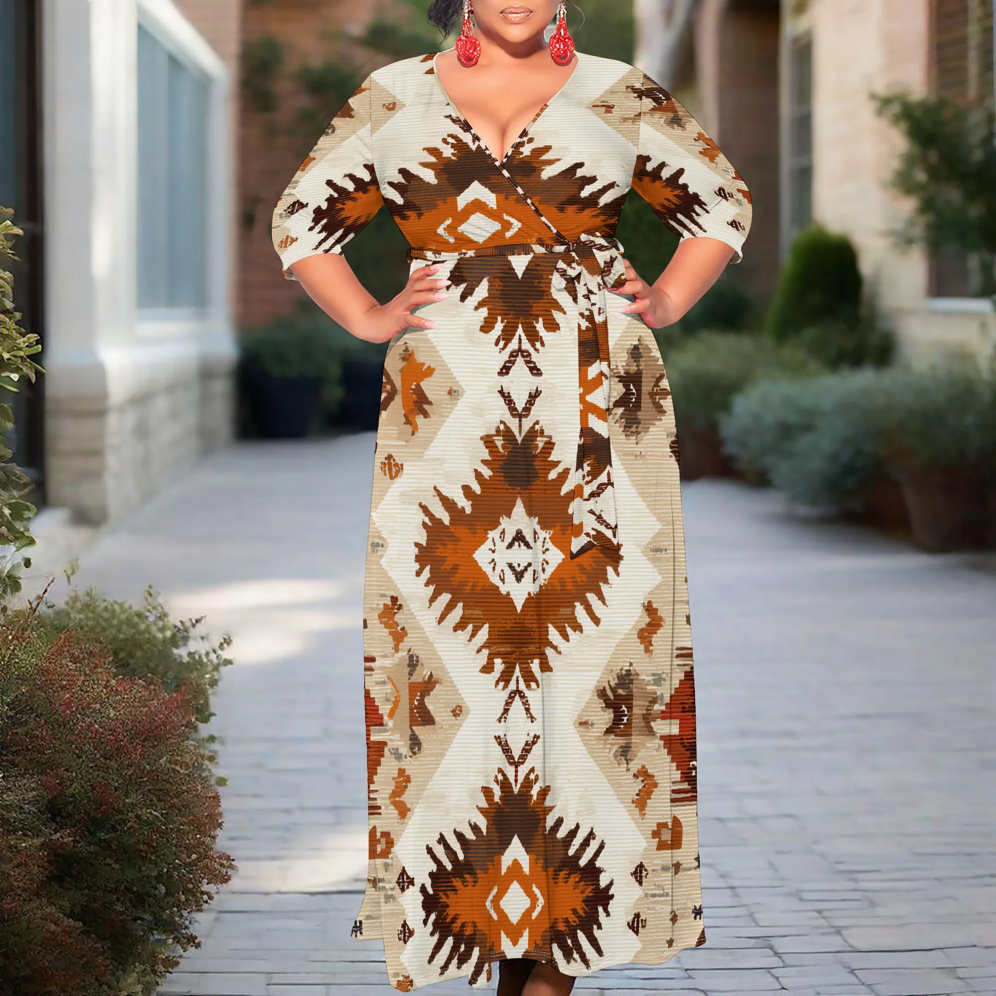 Rust Tribal Print Wrap Dress XL-6XL V-Neck Belted Maxi Style for Fall Festival, Cultural Fair or Thanksgiving Gathering Look
Rust Tribal Print Wrap Dress XL-6XL V-Neck Belted Maxi Style for Fall Festival, Cultural Fair or Thanksgiving Gathering Look