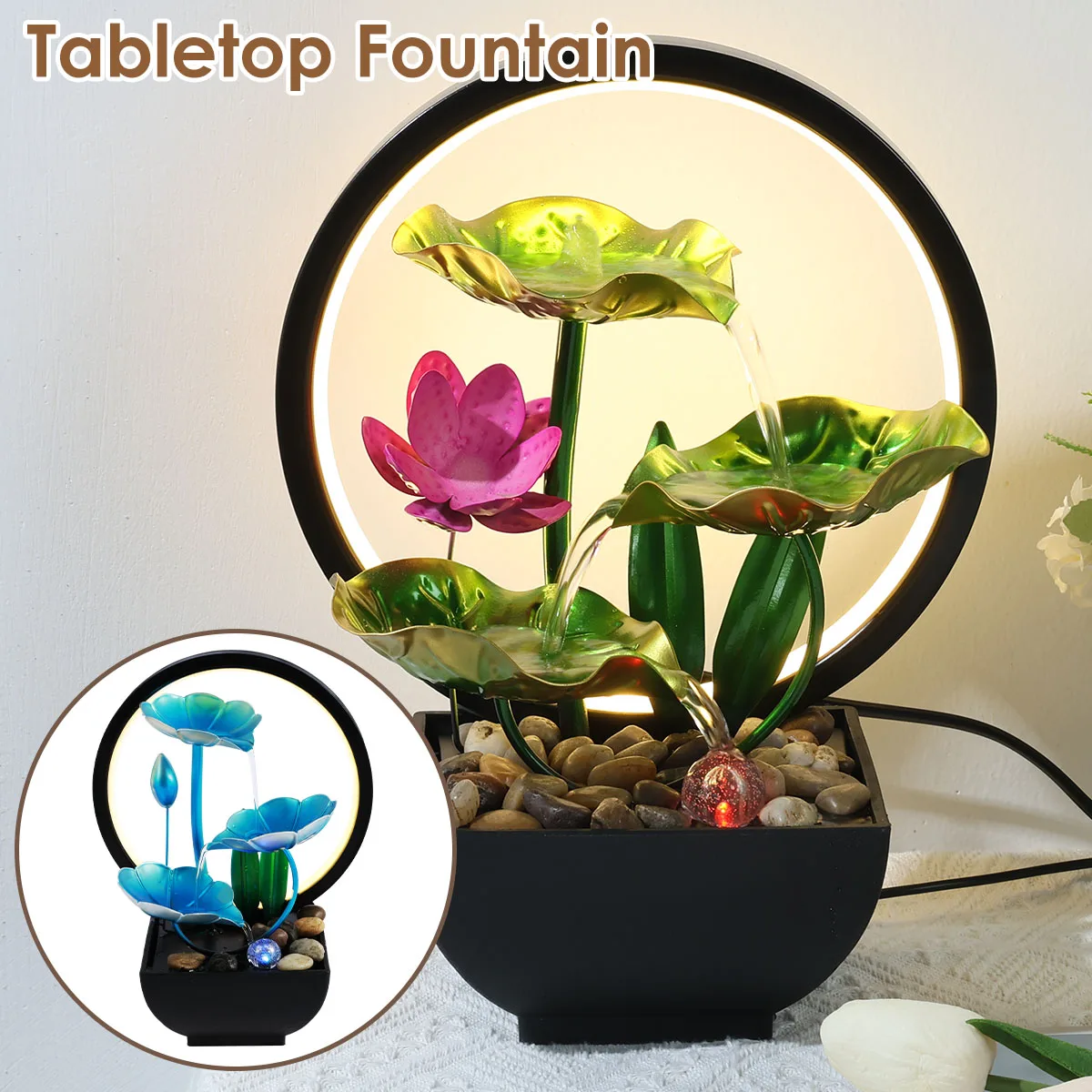Fountain water ornaments Design of Lotus Flowing Water Lantern Circle Indoor Water Fountain with Rocks and LED Ring Lights
Fountain water ornaments Design of Lotus Flowing Water Lantern Circle Indoor Water Fountain with Rocks and LED Ring Lights