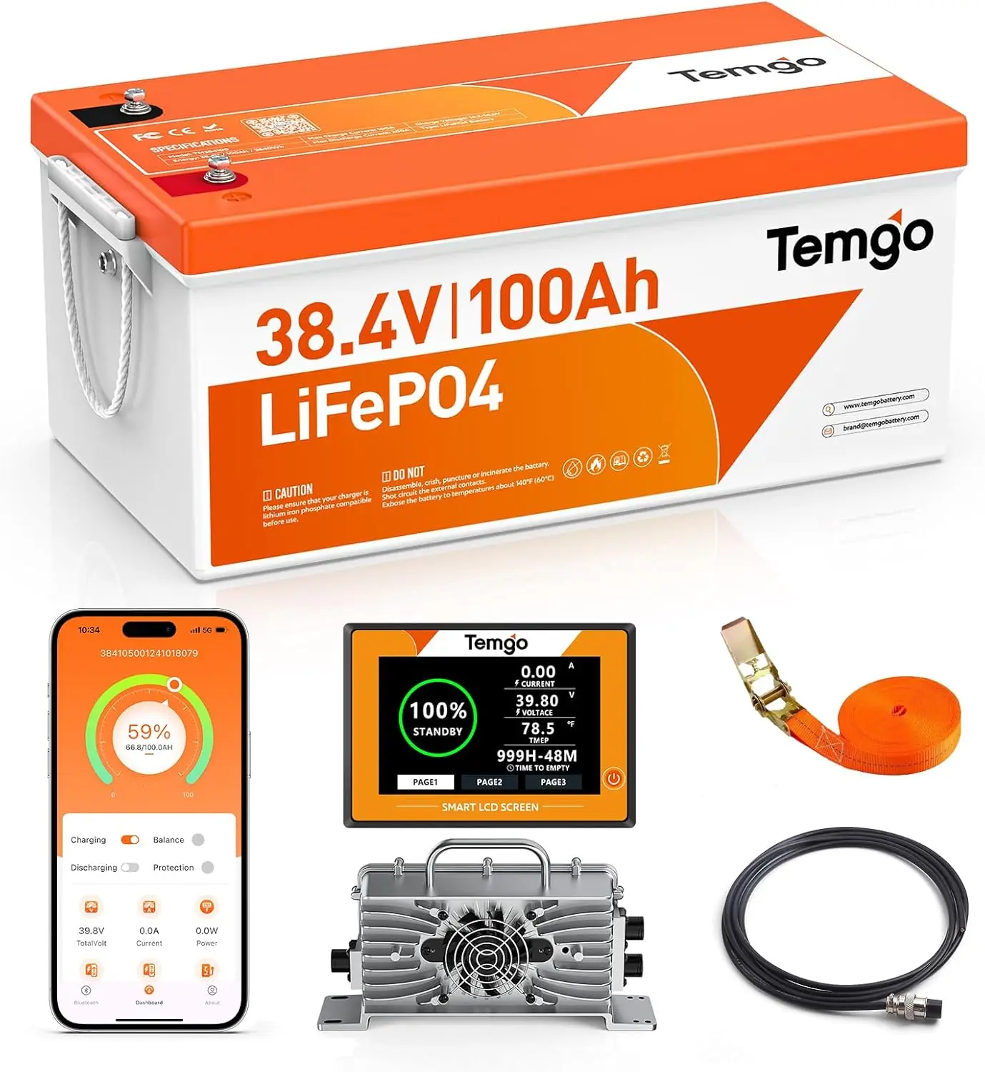 TEMGO 36V (38.4V) 100Ah LiFePO4 Lithium Golf Cart Battery, Complete Upgrade Kit with Charger, LCD Display & App, Built-in 200A BMS, Max 7.68kW Power Output
TEMGO 36V (38.4V) 100Ah LiFePO4 Lithium Golf Cart Battery, Complete Upgrade Kit with Charger, LCD Display & App, Built-in 200A BMS, Max 7.68kW Power Output