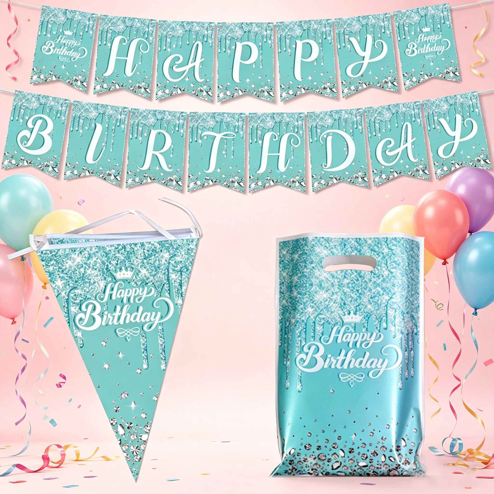 Teal Glitter Diamond Print Happy Birthday Banner & Gift Bags Set, Elegant Sparkly Party Decorations for Birthday Celebration
Teal Glitter Diamond Print Happy Birthday Banner & Gift Bags Set, Elegant Sparkly Party Decorations for Birthday Celebration