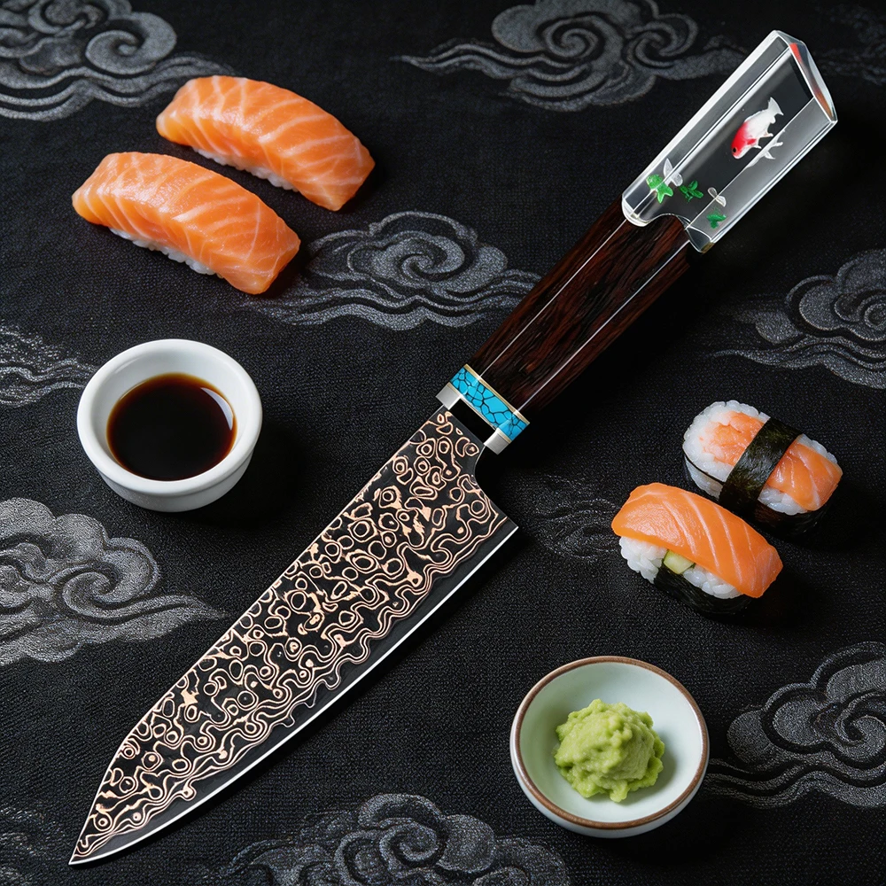 5 Inch Utility Knife Japanese Kitchen Knife Copper Damascus Steel Sharp Cooking Knife Octagonal Ebony & Transparent Resin Handle
5 Inch Utility Knife Japanese Kitchen Knife Copper Damascus Steel Sharp Cooking Knife Octagonal Ebony & Transparent Resin Handle