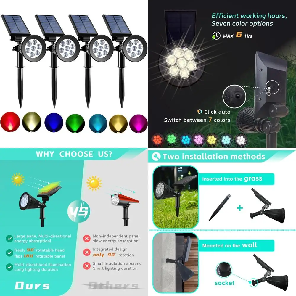 4-Pack Color-Changing Outdoor Solar Spotlights with 8 Lighting Modes, Waterproof for Garden, Patio, Yard, and Pool
4-Pack Color-Changing Outdoor Solar Spotlights with 8 Lighting Modes, Waterproof for Garden, Patio, Yard, and Pool