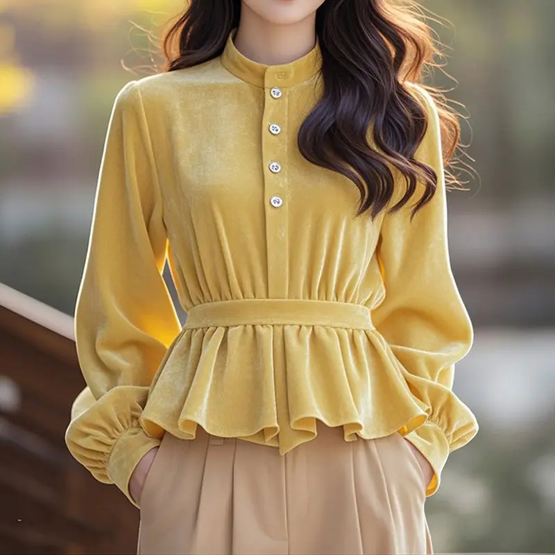 Autumn and Winter New Style Light Luxury Age Reducing Western-style Unique and Chic Top Yellow Velvet Ruffle Edge Shirt
Autumn and Winter New Style Light Luxury Age Reducing Western-style Unique and Chic Top Yellow Velvet Ruffle Edge Shirt