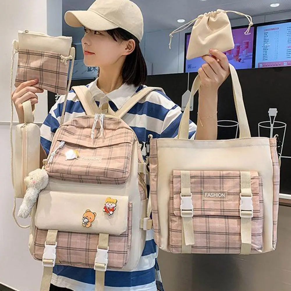 5Pcs/Set Large Capacity Cute Plaid Backpack Korean Style Y2K Cartoon Shoulder Bag Canvas Commute Student School Bag Unisex
5Pcs/Set Large Capacity Cute Plaid Backpack Korean Style Y2K Cartoon Shoulder Bag Canvas Commute Student School Bag Unisex